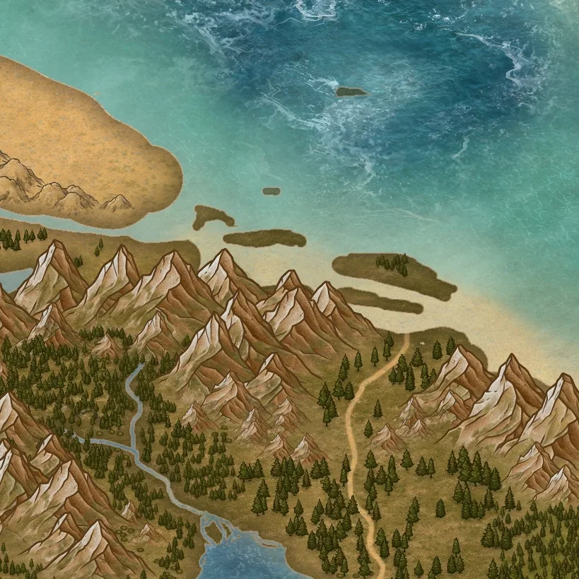 Close detail from Dannys Map, a full color fantasy map, showing labeled features at full resolution