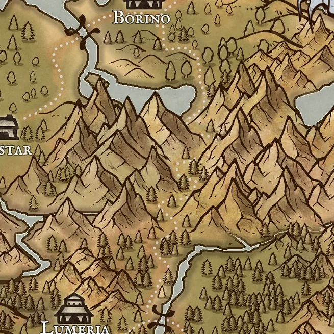 Close detail from Essalin, a full color fantasy map, showing labeled features at full resolution