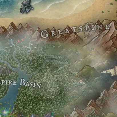 Close detail from GreatSpine Isle, a full color fantasy map, showing labeled features at full resolution