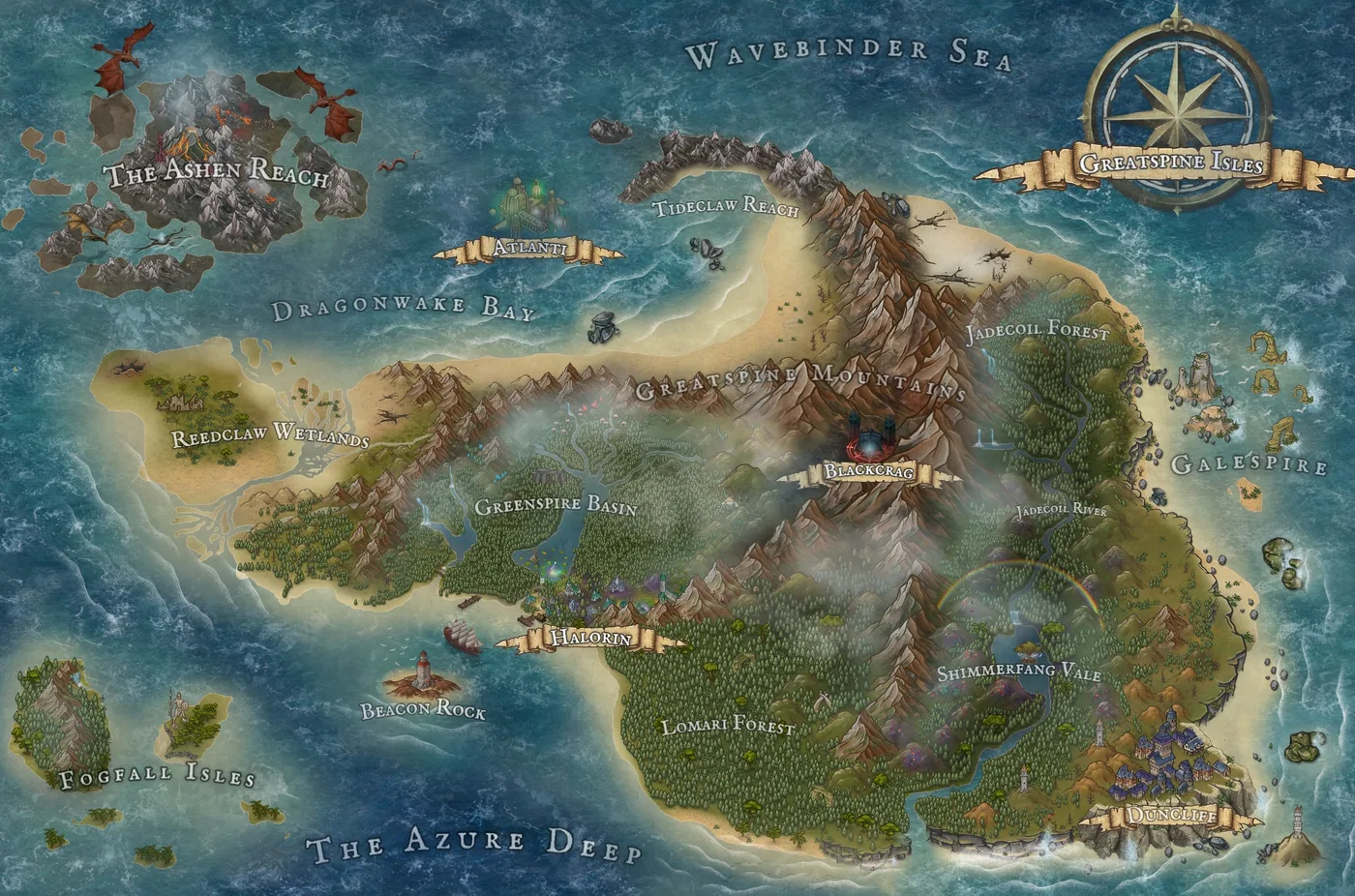 GreatSpine Isle, a full color fantasy map