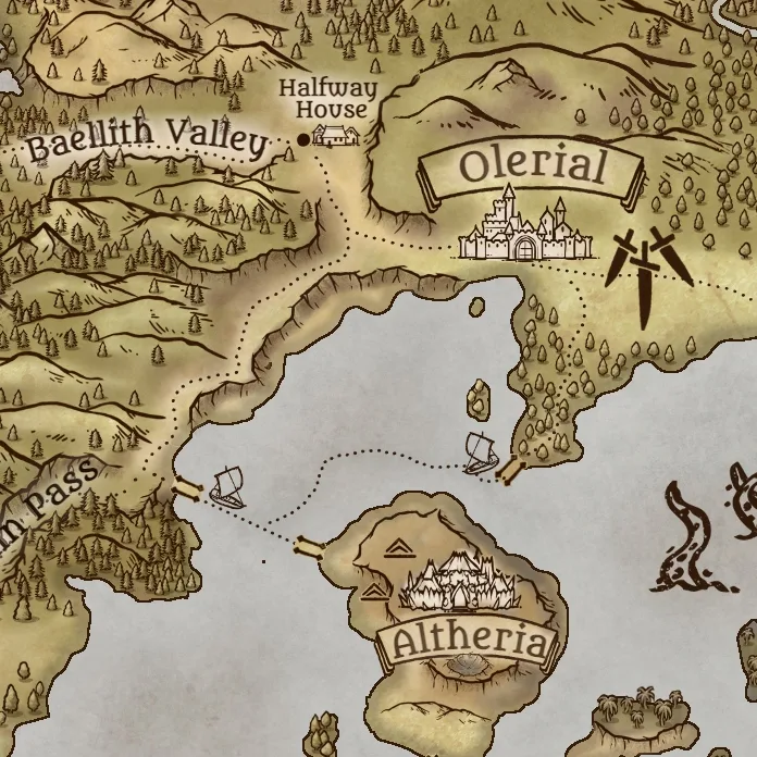Close detail from The Hallinsfeld Coast, a full color fantasy map, showing labeled features at full resolution