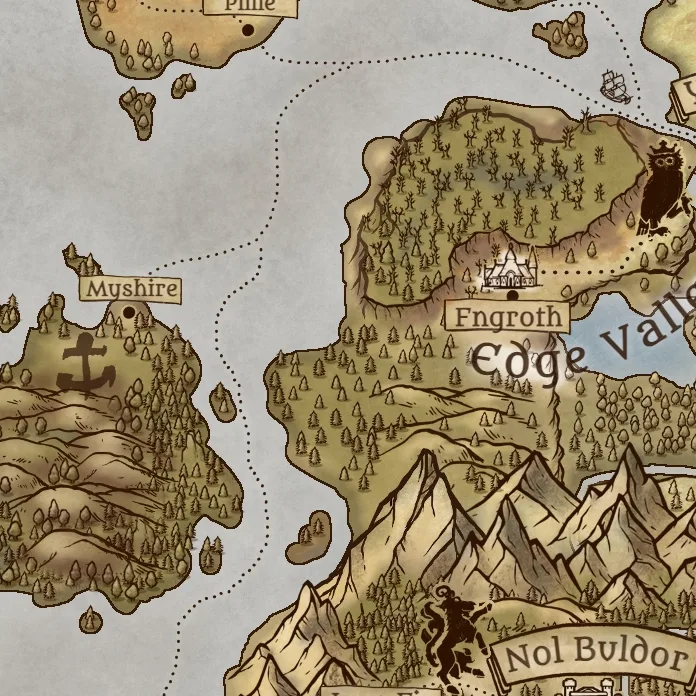 Close detail from The Hallinsfeld Coast, a full color fantasy map, showing labeled features at full resolution