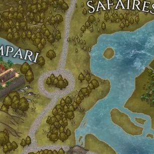 Close detail from Heavenly Map, a full color fantasy map, showing labeled features at full resolution