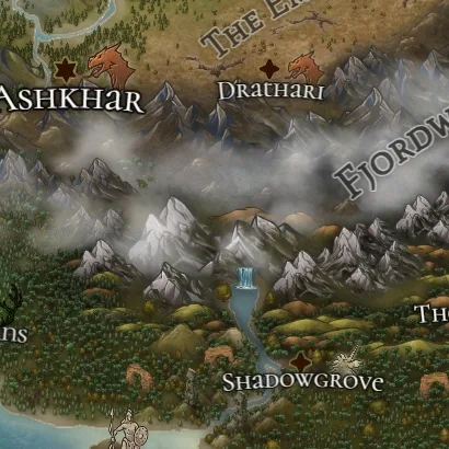 Close detail from Jasmere Isles, a full color fantasy map, showing labeled features at full resolution
