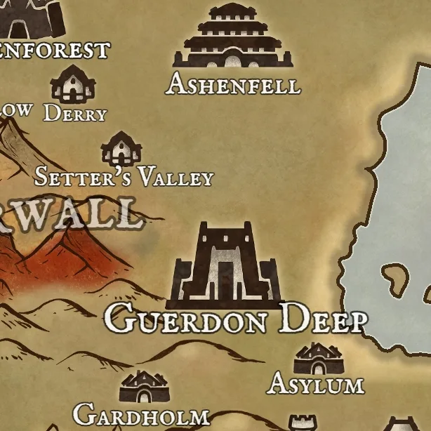Close detail from Level Sixteen, a full color fantasy map, showing labeled features at full resolution