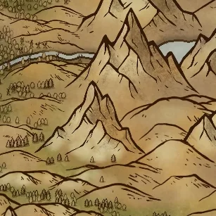 Close detail from Micky Carre Map, a full color fantasy map, showing labeled features at full resolution