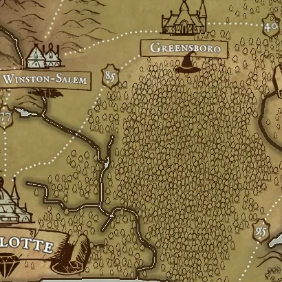 Close detail from North Carolina, a full color fantasy map, showing labeled features at full resolution