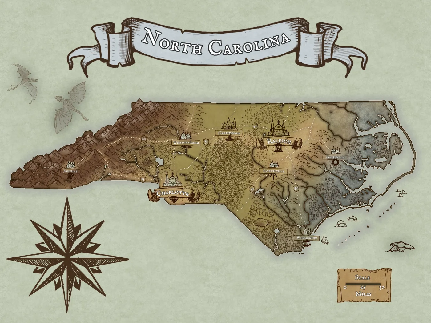 North Carolina, a full color fantasy map
