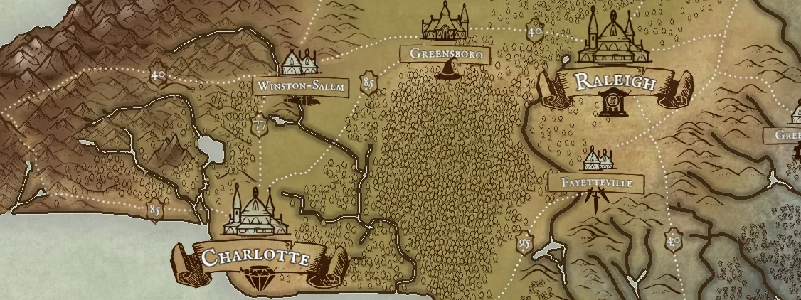 North Carolina, a full color fantasy map (cropped detail)