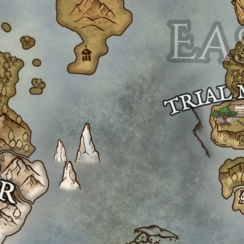 Close detail from Prixa Parchment, a full color fantasy map, showing labeled features at full resolution