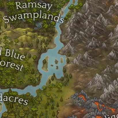 Close detail from Rhea Zulu Map, a full color fantasy map, showing labeled features at full resolution
