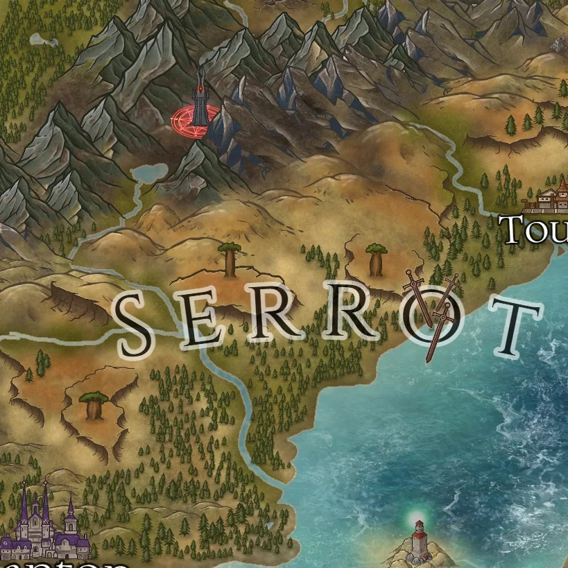Close detail from Seans Map, a full color fantasy map, showing labeled features at full resolution